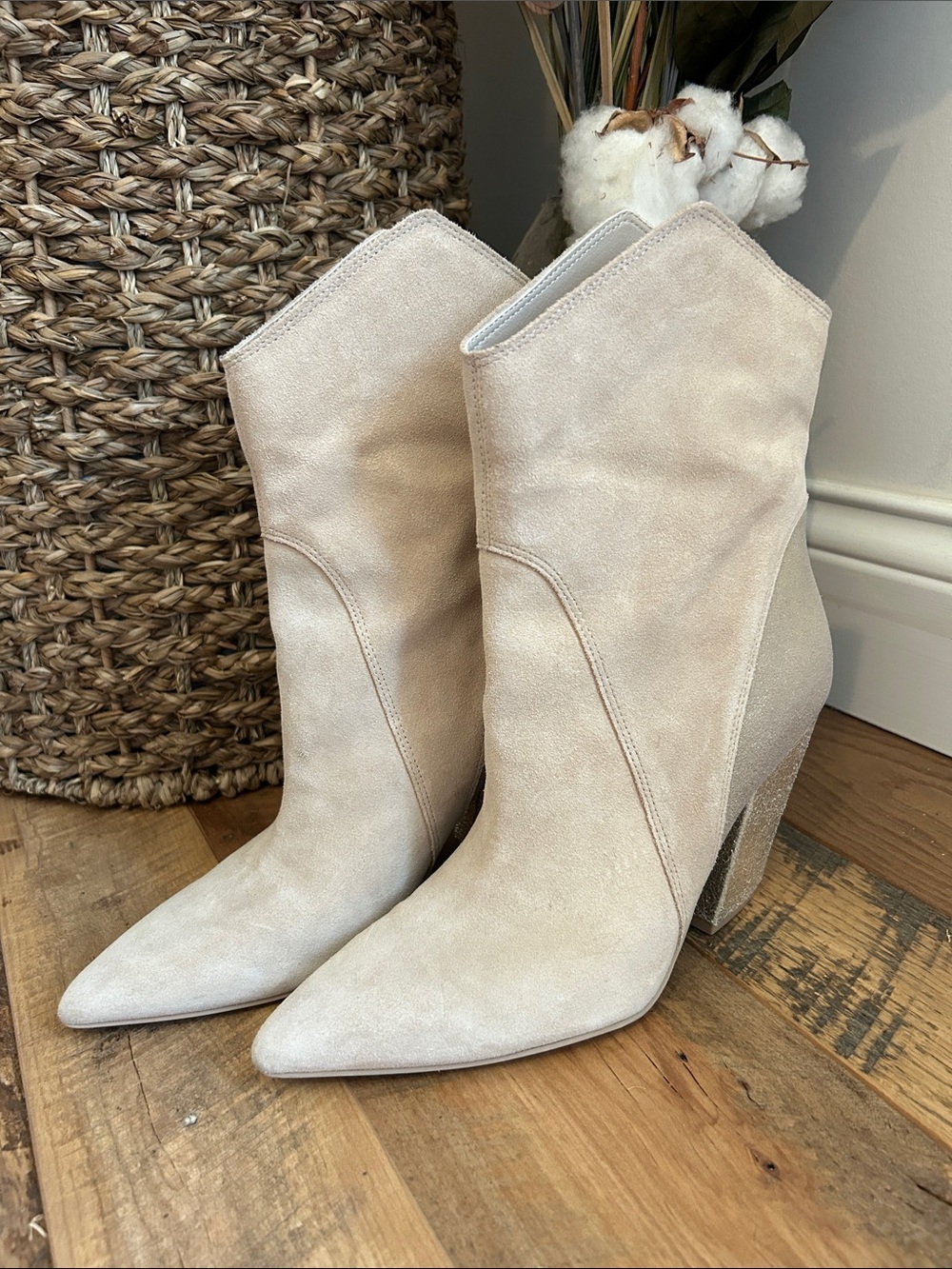 Dolce Vita Cream Suede Pointed-Toe Ankle Booties